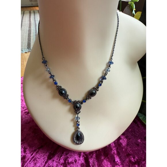 Avon Faux Onyx, blue rhinestone & Silver Tone Vintage Necklace - Picture 1 of 5